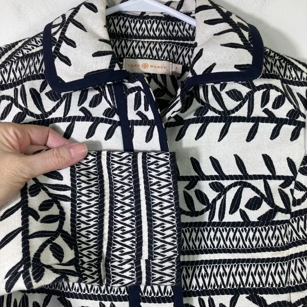 Womens Tory Burch Woven Cotton Floral Aztec Jacket Black Cream 0‎